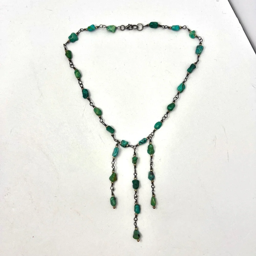 Vintage Turquoise Sterling Silver Fringe Necklace Boho Southwestern Choker Bib